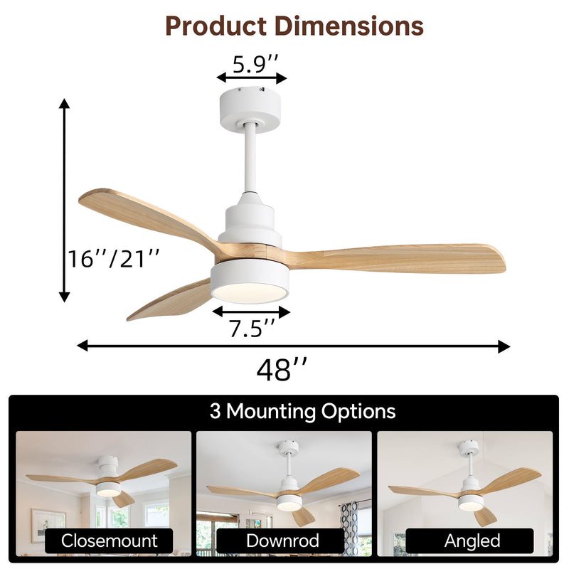 48" Ceiling Fan With Light, Dual Mount (Flush / Downrod), Dimmable LED, Quiet DC Motor, 3 Blades