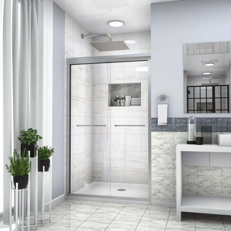 Modern Semi Frameless Bypass Sliding Shower Enclosure - Brushed Silver