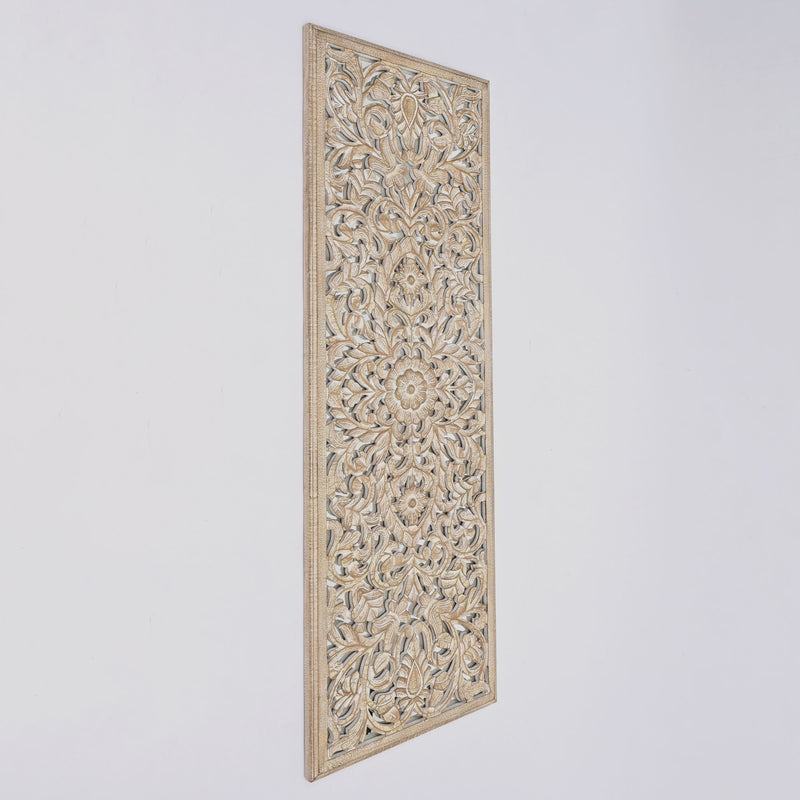 Floral Hand Carved Mandala Rectangle Wall Decor With Mirror - Antique Brown / White