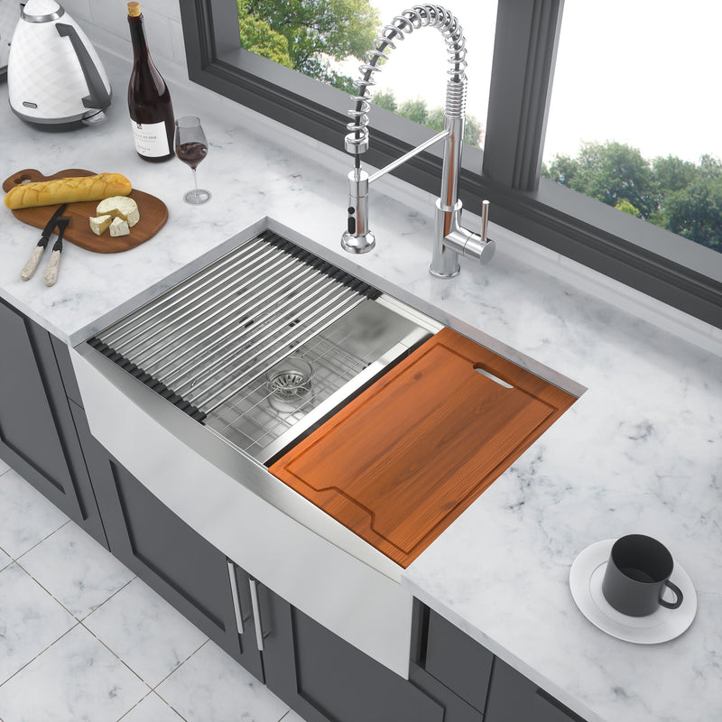 Farmhouse Double Bowl Workstation Kitchen Sink 33" Stainless Steel 16 Gauge Apron Front, Finish - Brushed Nickel