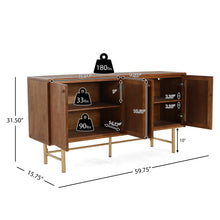 Load image into Gallery viewer, Modern Scandinavian 4 Door Sideboard Storage Cabinet With Adjustable Shelves - Brown / Gold
