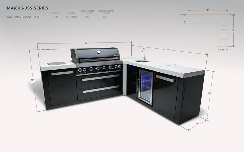 MONT ALPI 805 BLACK STAINLESS STEEL ISLAND WITH A 90-DEGREE CORNER AND BEVERAGE CENTER-MAi805-BSS90BEV