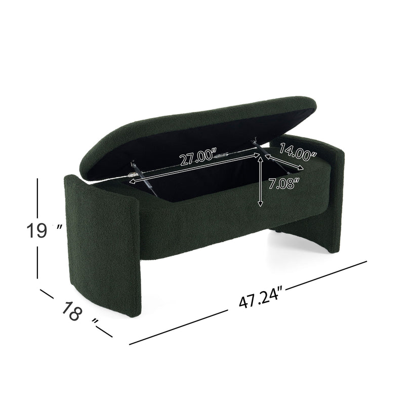 Elegant Long Shaped Storage Ottoman Bench, Boucle Material, Simple And Grand Design - Dark Green