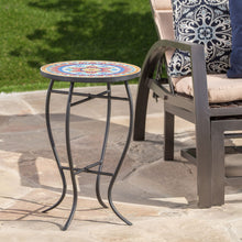 Load image into Gallery viewer, Outdoor Round Side Table With Mosaic Style Top And Curved Iron Legs
