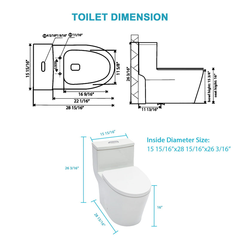 1 Piece Toilet For Bathroom, Dual Flush 1.24 / 1.43 Gpf, Soft Closing Seat - White