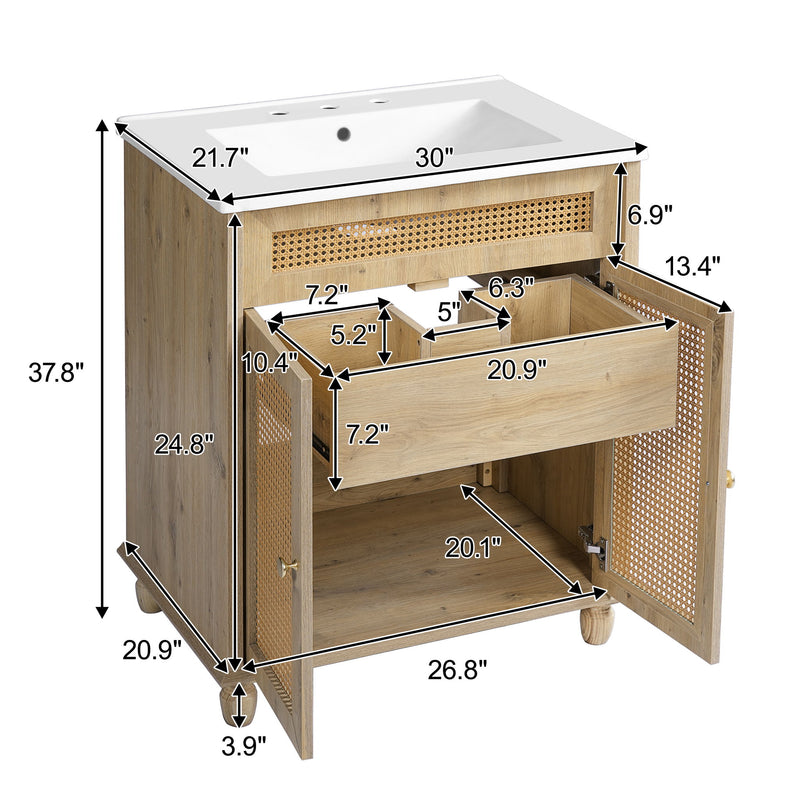 Bathroom Vanity With Handwoven Rattan Doors, Resin Basin - Natural Wood