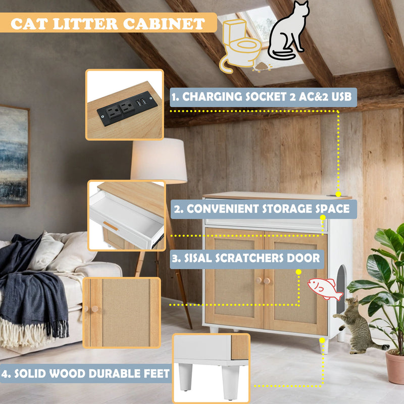 Pet Friendly Furniture Style Cat Litter Box House With Sisal Scratching Door And Charging Socket - Beige / White