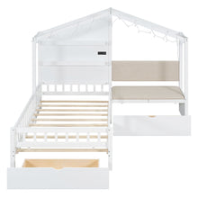 Load image into Gallery viewer, House Bed With Upholstered Sofa, Wireless Charging Station, Shelves And 2 Drawers

