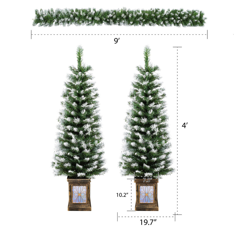 Artificial Christmas 3 Piece Set Wreath And 2 Entrance Trees With LED Lights - White / Green