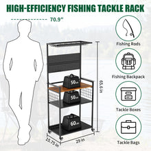 Load image into Gallery viewer, Fishing Rod Storage Rack With Pegboard, Rolling Tackle Organizer Cart - Black
