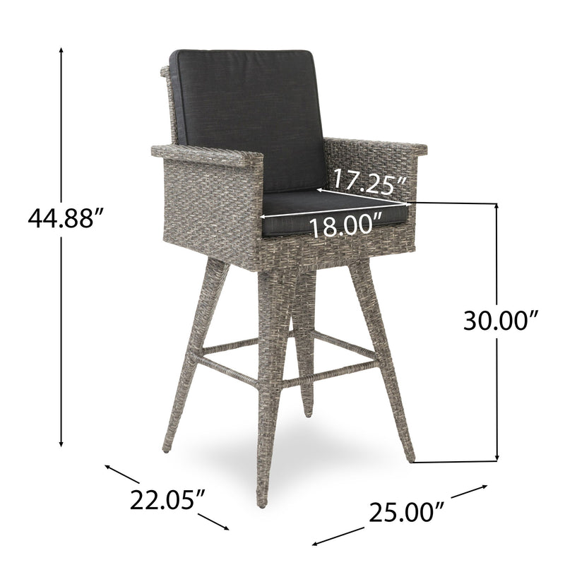 Outdoor Rattan Swivel Barstool With Water Resistant Cushion - Black / Gray