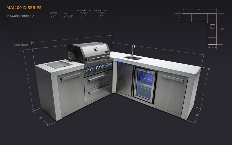 MONT ALPI 4-BURNER DELUXE ISLAND WITH A 90-DEGREE CORNER AND BEVERAGE CENTERMAi400-D90BEV-
