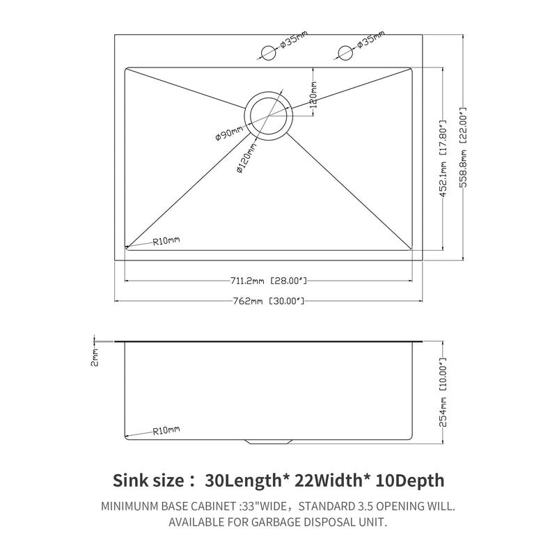 Drop In Kitchen Sink, 16 Gauge Stainless Steel, Single Bowl, Topmount Basin