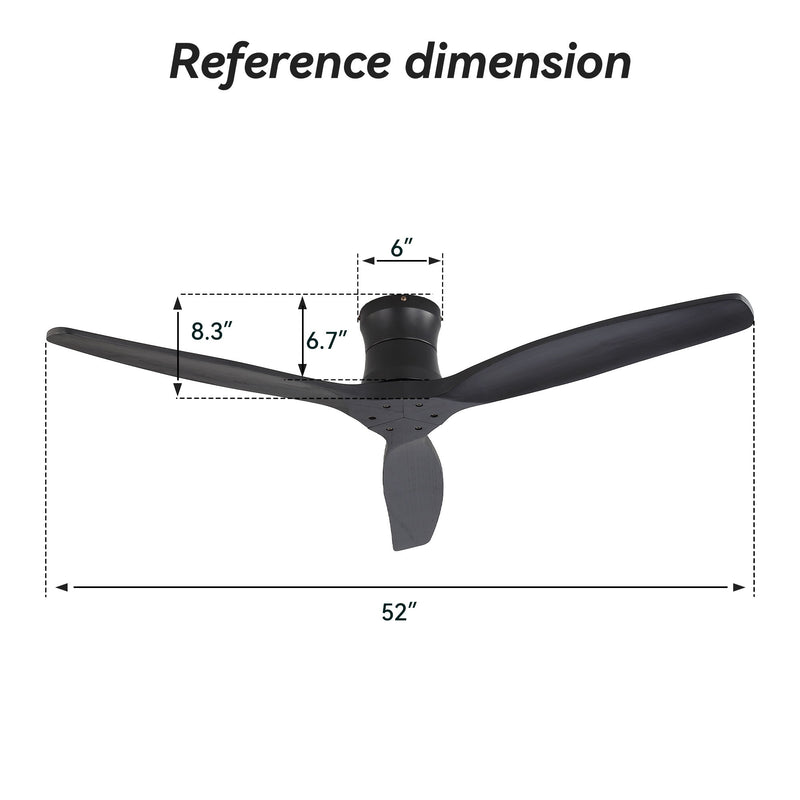 52" Ceiling Fan, No Light Flush Mount Low Profile 3 Blades With Remote Control