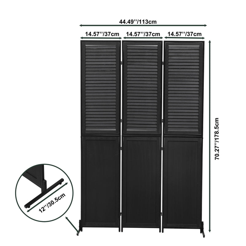 Rustic 3 Panel Room Divider 6Ft Wood Folding Privacy Screen With Metal Frame And Louver Design - Black