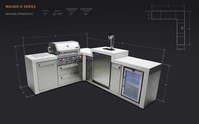 MONT ALPI 4-BURNER DELUXE ISLAND WITH A 90-DEGREE CORNER, KEGERATOR AND FRIDGE CABINET-MAi400-D90KEGFC
