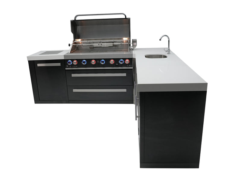 MONT ALPI 805 BLACK STAINLESS STEEL ISLAND WITH A 90-DEGREE CORNER, BEVERAGE CENTER AND FRIDGE CABINET-MAi805-BSS90BEVFC
