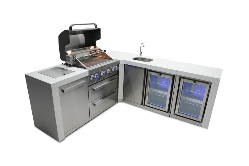MONT ALPI 4-BURNER DELUXE ISLAND WITH A 90-DEGREE CORNER, BEVERAGE CENTER AND FRIDGE CABINET-MAi400-D90BEVFC