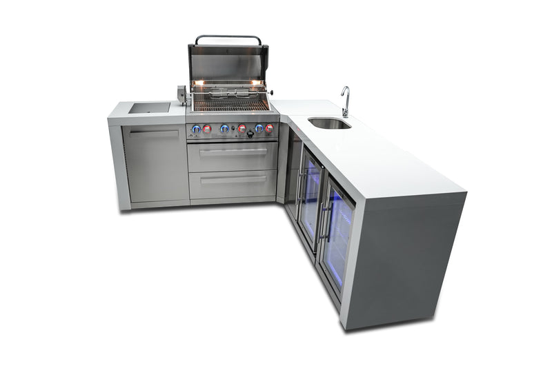 MONT ALPI 4-BURNER DELUXE ISLAND WITH A 90-DEGREE CORNER, BEVERAGE CENTER AND FRIDGE CABINET-MAi400-D90BEVFC