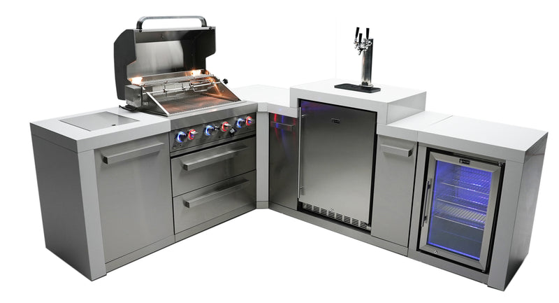 MONT ALPI 4-BURNER DELUXE ISLAND WITH A 90-DEGREE CORNER, KEGERATOR AND FRIDGE CABINET-MAi400-D90KEGFC