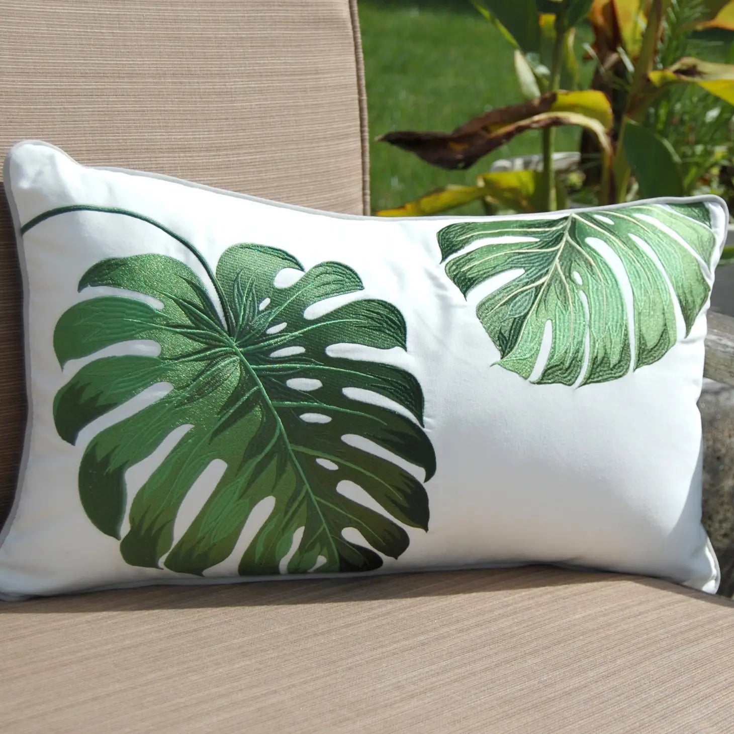 monstera plant pillow Rightside Design- Tropical Green Monstera Palm Pillow