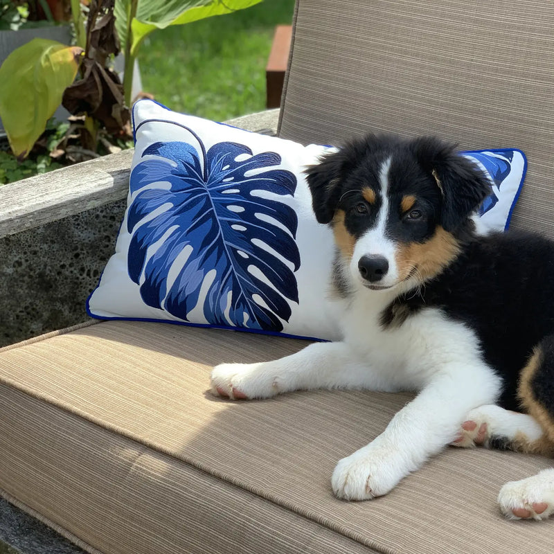 Rightside Design-Embroidered Blue Monstera Indoor/outdoor Pillow